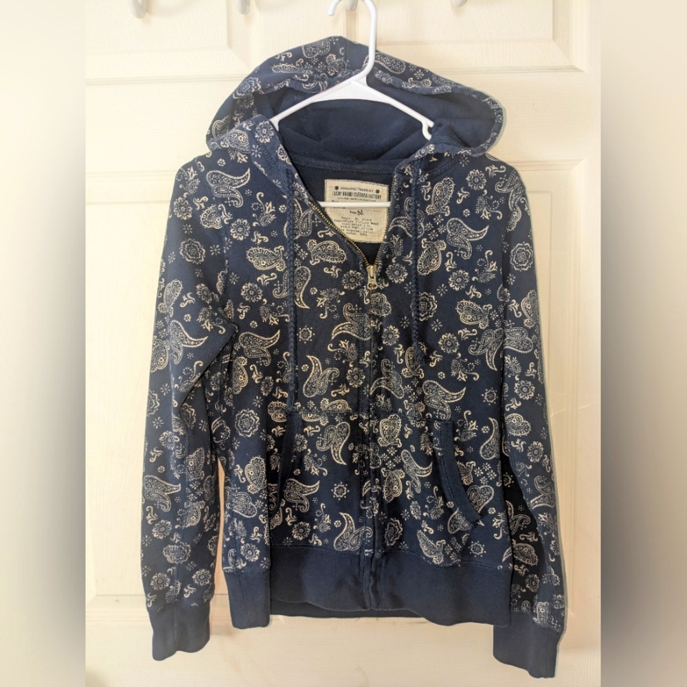 Navy Blue Paisley Zip Up Hoodie Lucky Brand Med